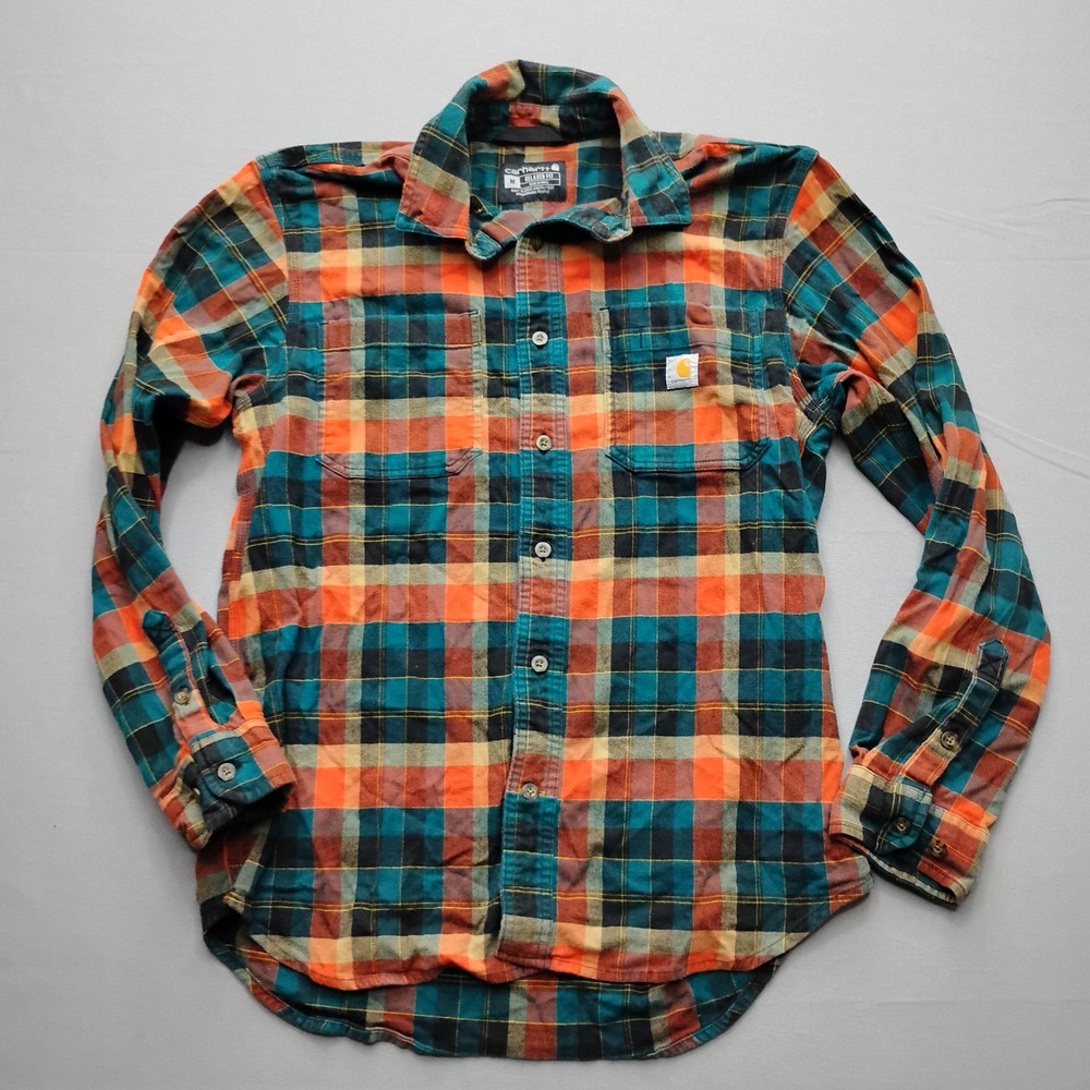 Carhartt Mens Relaxed Fit Plaid Flannel Shirt Orange Teal Blue Size M 104909 H25